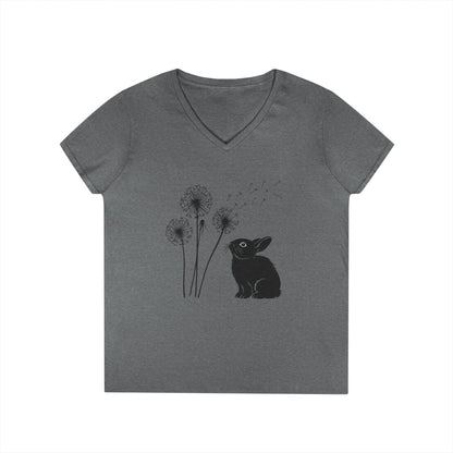 Wishful Whiskers Bunny & Dandelion V-Neck Tee – Cuniculture Club Original Whimsical Rabbit Shirt - Floral Dandelion Fashion - Nature Lover Gift