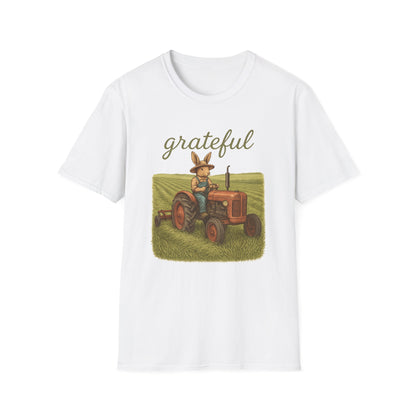 Grateful Acres Tractor Bunny Tee - Unisex Softstyle T-Shirt - Country Apparel - Farm Life Tee - Gift for Farmers & Rabbit Owners