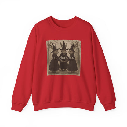 Girls Will Be Girls – Witchy Rabbit Crewneck Sweatshirt | Cozy Whimsical Rabbit Sweatshirt for Girls & Women - Halloween & Fall Collection