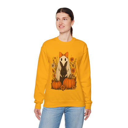 Vintage Black Rabbit with Pumpkins & Florals - Ghostly Garden Bunny Halloween Sweatshirt – Autumn Ghost Crewneck - Cozy Cute Gift