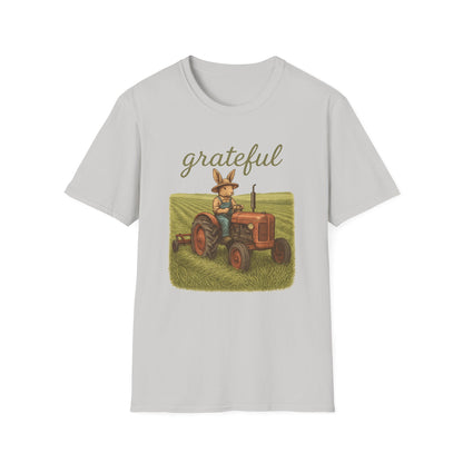 Grateful Acres Tractor Bunny Tee - Unisex Softstyle T-Shirt - Country Apparel - Farm Life Tee - Gift for Farmers & Rabbit Owners