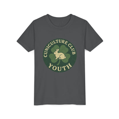 Cuniculture Club Youth Unisex T-Shirt – Distressed Clover & Bunny Emblem Tee - Fun Farm Kids Rabbit Club Shirt