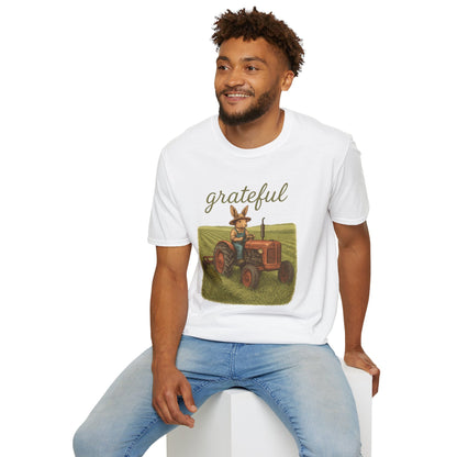 Grateful Acres Tractor Bunny Tee - Unisex Softstyle T-Shirt - Country Apparel - Farm Life Tee - Gift for Farmers & Rabbit Owners