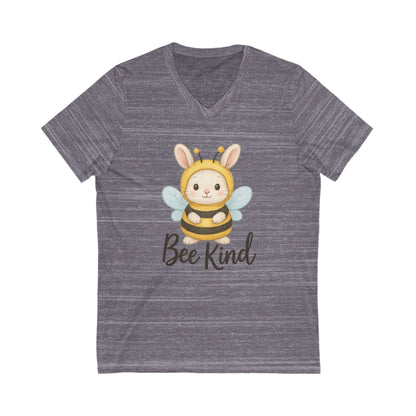 Bee Kind Bunny V-Neck T-Shirt – Sweet Rabbit in Bumblebee Costume - Unisex Jersey Short Sleeve V-Neck Tee