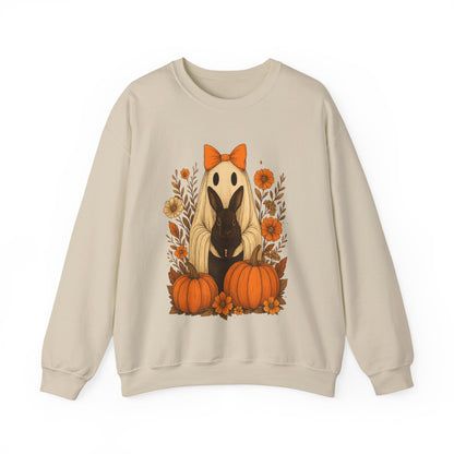 Vintage Black Rabbit with Pumpkins & Florals - Ghostly Garden Bunny Halloween Sweatshirt – Autumn Ghost Crewneck - Cozy Cute Gift