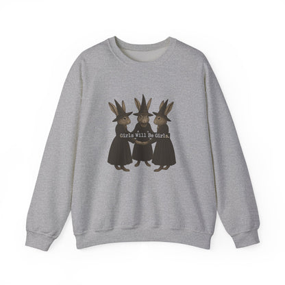 Girls Will Be Girls Witchy Rabbit Sweatshirt | Whimsical Bunny Witch Sisterhood Crewneck - Halloween & Fall Collection