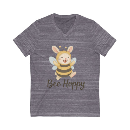Bee Hoppy Bunny V-Neck T-Shirt – Cheerful Rabbit in Bumblebee Costume - Unisex Jersey Short Sleeve Tee