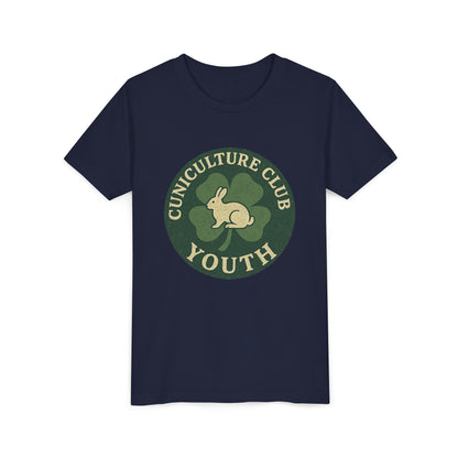Cuniculture Club Youth Unisex T-Shirt – Distressed Clover & Bunny Emblem Tee - Fun Farm Kids Rabbit Club Shirt