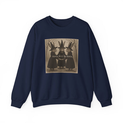 Girls Will Be Girls – Witchy Rabbit Crewneck Sweatshirt | Cozy Whimsical Rabbit Sweatshirt for Girls & Women - Halloween & Fall Collection