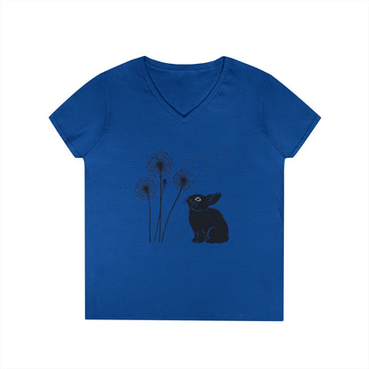 Wishful Whiskers Bunny & Dandelion V-Neck Tee – Cuniculture Club Original Whimsical Rabbit Shirt - Floral Dandelion Fashion - Nature Lover Gift