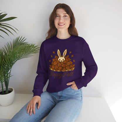 Hoppy Fall – Unisex Cozy Sweatshirt | Rabbit & Autumn Leaves Comfy Crewneck | Fall Fashion - Seasonal Halloween Gift
