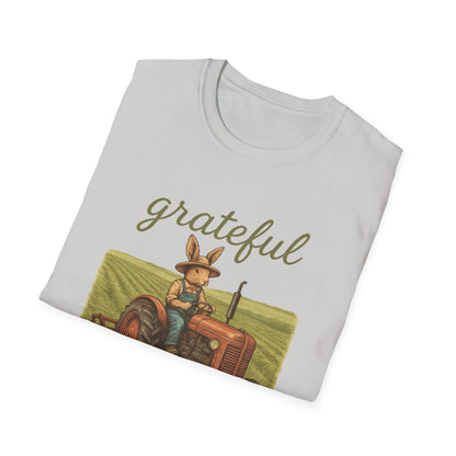 Grateful Acres Tractor Bunny Tee - Unisex Softstyle T-Shirt - Country Apparel - Farm Life Tee - Gift for Farmers & Rabbit Owners