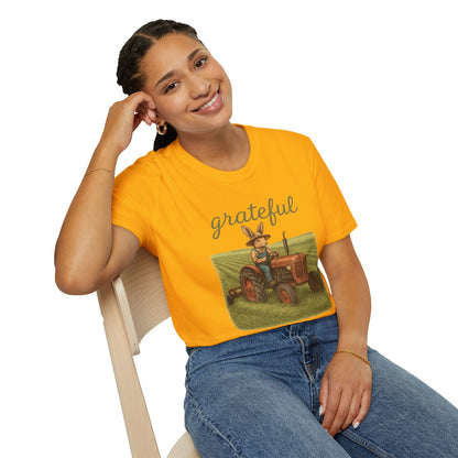 Grateful Acres Tractor Bunny Tee - Unisex Softstyle T-Shirt - Country Apparel - Farm Life Tee - Gift for Farmers & Rabbit Owners