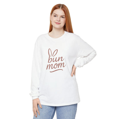 Bun Mom Long Sleeve T-Shirt | Rabbit Ears Vintage Dusty Rose Ink Script Tee - Bunny Lovers Gift Idea