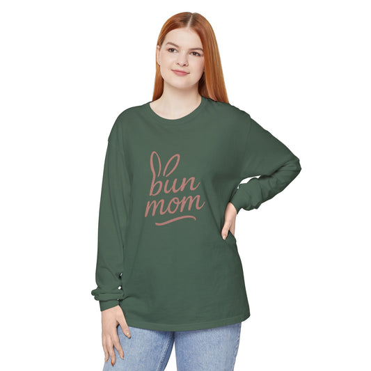Bun Mom Long Sleeve T-Shirt | Rabbit Ears Vintage Dusty Rose Ink Script Tee - Bunny Lovers Gift Idea