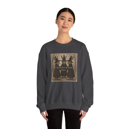 Girls Will Be Girls – Witchy Rabbit Crewneck Sweatshirt | Cozy Whimsical Rabbit Sweatshirt for Girls & Women - Halloween & Fall Collection