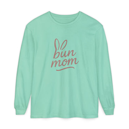 Bun Mom Long Sleeve T-Shirt | Rabbit Ears Vintage Dusty Rose Ink Script Tee - Bunny Lovers Gift Idea