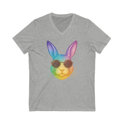 Rainbow Cool Bunny in Sunglasses V-Neck Tee – Unisex Jersey Short Sleeve Rabbit Shirt - Summer Wardrobe Essential - Trendy Graphic Tee