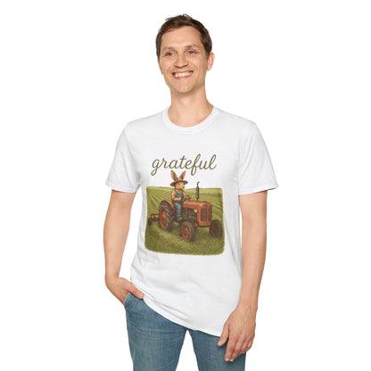 Grateful Acres Tractor Bunny Tee - Unisex Softstyle T-Shirt - Country Apparel - Farm Life Tee - Gift for Farmers & Rabbit Owners