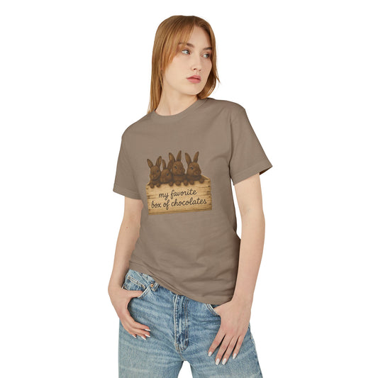 "My Favorite Box of Chocolates" Rustic Bunny Tee –  Rabbit Breeder T-Shirt - Unisex Bunthusiast Shirt