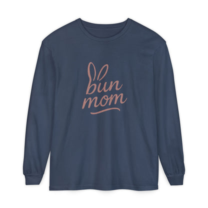 Bun Mom Long Sleeve T-Shirt | Rabbit Ears Vintage Dusty Rose Ink Script Tee - Bunny Lovers Gift Idea