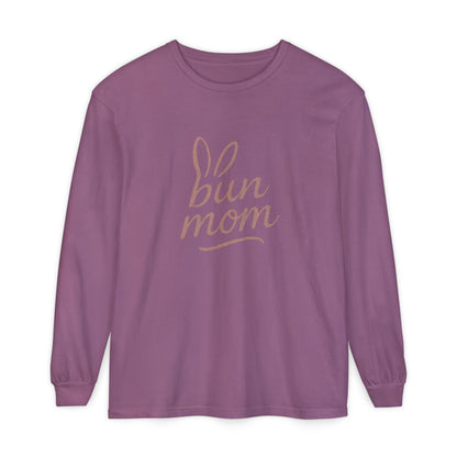 Bun Mom Long Sleeve T-Shirt | Rabbit Ears Vintage Dusty Rose Ink Script Tee - Bunny Lovers Gift Idea