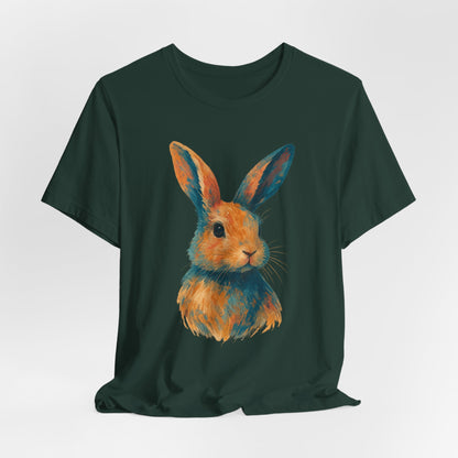 Golden Hour Bunny Unisex Short Sleeve Shirt – Painterly Rabbit Portrait T-Shirt - Artistic Graphic Tee for Animal Lovers - Unique Artwork