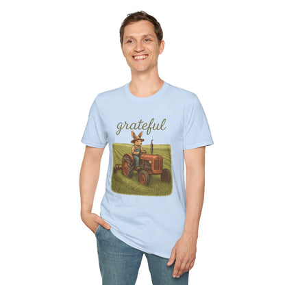 Grateful Acres Tractor Bunny Tee - Unisex Softstyle T-Shirt - Country Apparel - Farm Life Tee - Gift for Farmers & Rabbit Owners