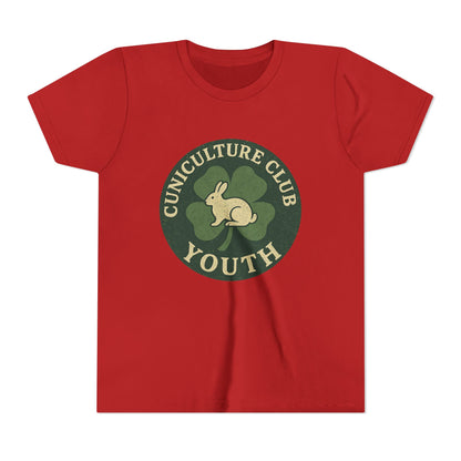 Cuniculture Club Youth Unisex T-Shirt – Distressed Clover & Bunny Emblem Tee - Fun Farm Kids Rabbit Club Shirt