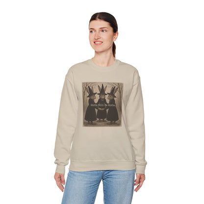 Girls Will Be Girls – Witchy Rabbit Crewneck Sweatshirt | Cozy Whimsical Rabbit Sweatshirt for Girls & Women - Halloween & Fall Collection