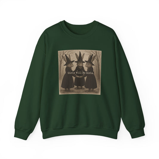 Girls Will Be Girls – Witchy Rabbit Crewneck Sweatshirt | Cozy Whimsical Rabbit Sweatshirt for Girls & Women - Halloween & Fall Collection