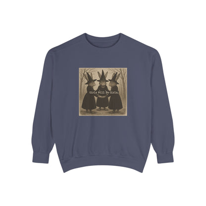 Girls Will Be Girls Rabbit Witch Circle – Garment-Dyed Bunny Sweatshirt | Halloween & Fall Collection