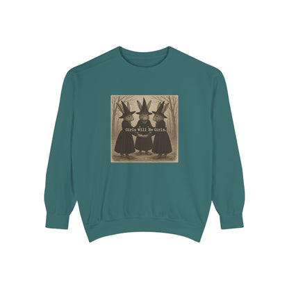 Girls Will Be Girls Rabbit Witch Circle – Garment-Dyed Bunny Sweatshirt | Halloween & Fall Collection
