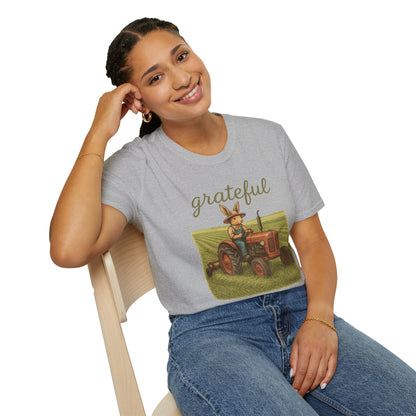 Grateful Acres Tractor Bunny Tee - Unisex Softstyle T-Shirt - Country Apparel - Farm Life Tee - Gift for Farmers & Rabbit Owners