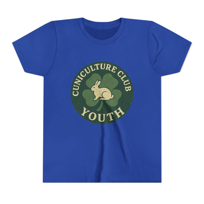 Cuniculture Club Youth Unisex T-Shirt – Distressed Clover & Bunny Emblem Tee - Fun Farm Kids Rabbit Club Shirt