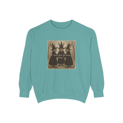 Girls Will Be Girls Rabbit Witch Circle – Garment-Dyed Bunny Sweatshirt | Halloween & Fall Collection