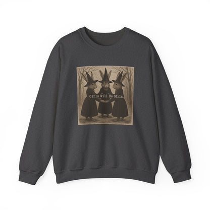 Girls Will Be Girls – Witchy Rabbit Crewneck Sweatshirt | Cozy Whimsical Rabbit Sweatshirt for Girls & Women - Halloween & Fall Collection