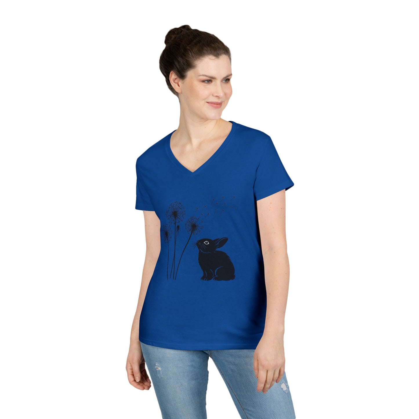 Wishful Whiskers Bunny & Dandelion V-Neck Tee – Cuniculture Club Original Whimsical Rabbit Shirt - Floral Dandelion Fashion - Nature Lover Gift