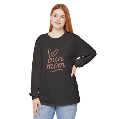 Bun Mom Long Sleeve T-Shirt | Rabbit Ears Vintage Dusty Rose Ink Script Tee - Bunny Lovers Gift Idea